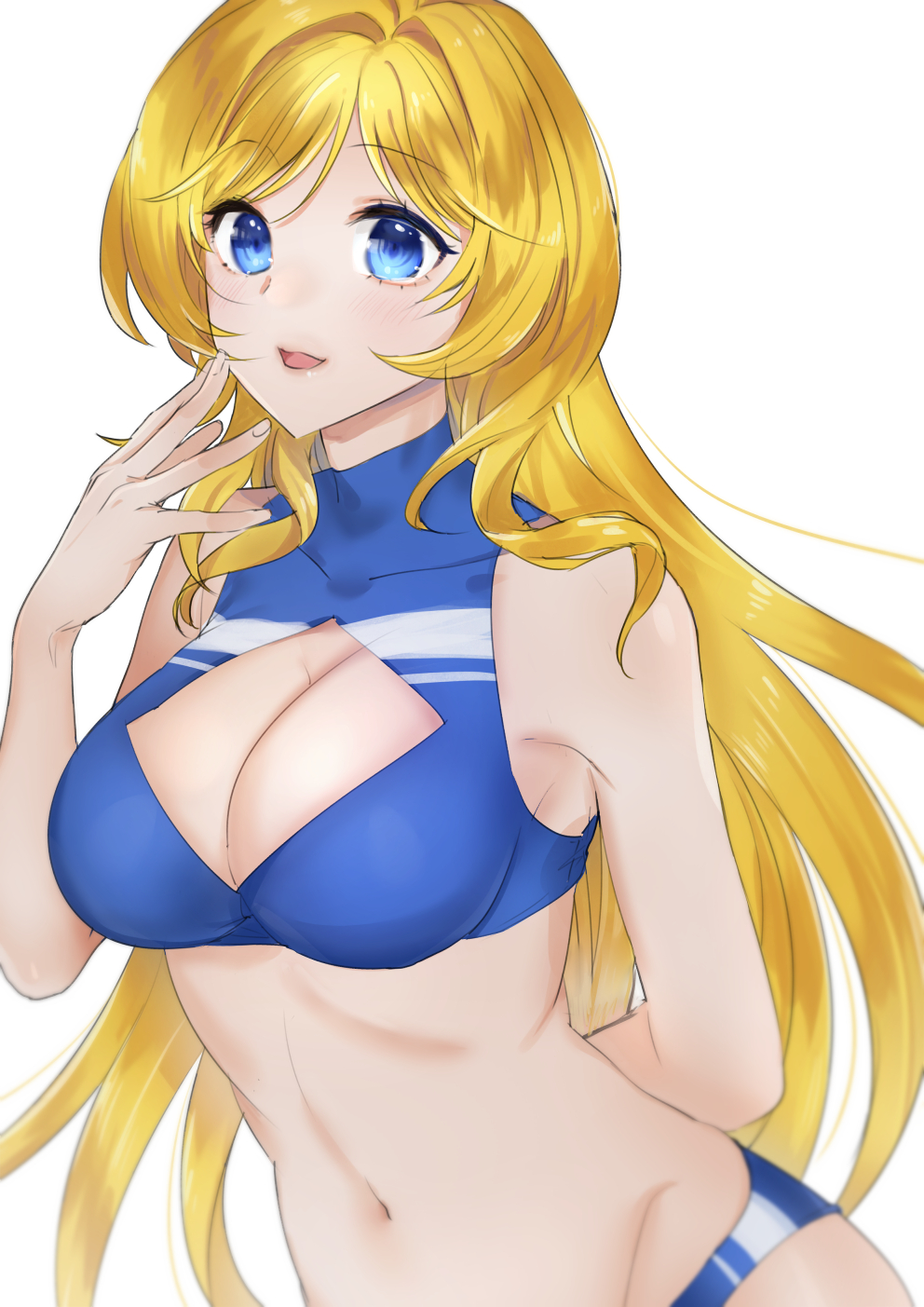 1girl, blonde_hair, blue_eyes, breasts, cleavage_cutout, highres, konno_shimako, large_breasts, long_hair, looking_at_viewer, melua_melna_meia, simple_background, smile, solo, super_robot_wars, super_robot_wars_judgement, super_robot_wars_og_moon_dwellers, super_robot_wars_original_generation, white_background
