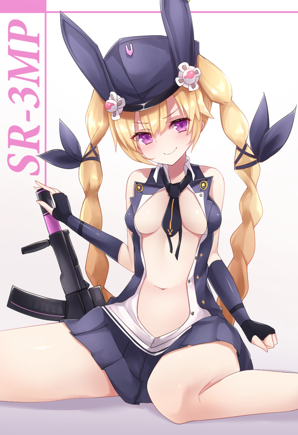 1girl, assault_rifle, black_neckwear, black_skirt, blonde_hair, braid, breasts, character_name