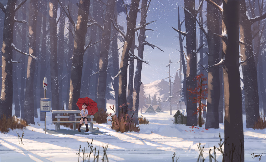 1girl, ahoge, artist_name, bag, bare_tree, bench, black_legwear, black_skirt