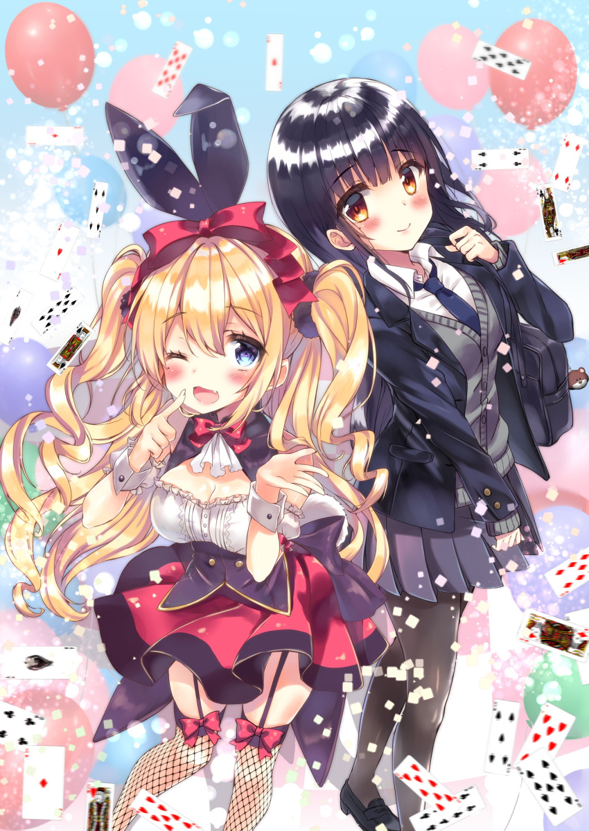 2girls, ace_of_diamonds, ace_of_spades, bag, balloon, black_footwear, black_hair, black_jacket