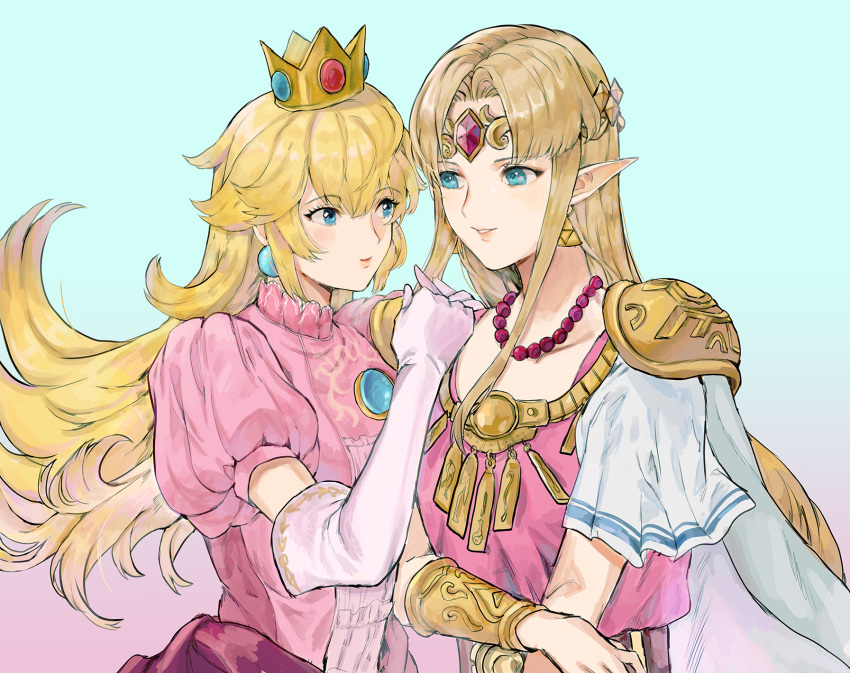 2girls, blonde_hair, blue_eyes, dress, earrings, elbow_gloves, gloves, gown