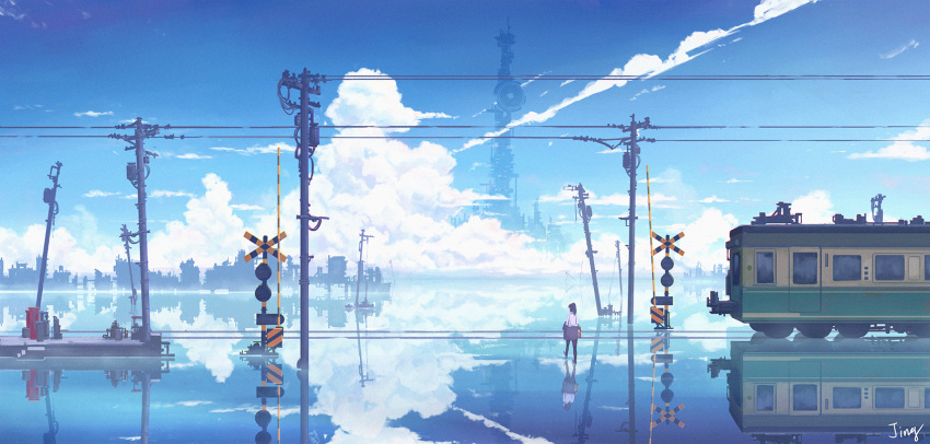 1girl, artist_name, black_hair, black_legwear, black_skirt, blue_sky, building, clouds