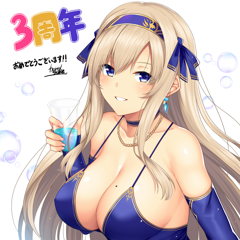 1girl, armpit_crease, bangs, bare_shoulders, blonde_hair, blue_choker, blue_dress, blue_eyes, blue_ribbon, blush, brave_girl_ravens, breasts, bridal_gauntlets, bubble_background, choker, cleavage, collarbone, cup, dress, drink, earrings, elbow_gloves, glint, gloves, grin, hair_ribbon, hairband, holding, holding_cup, horosuke_(toot08), jewelry, kairi_(brave_girl_ravens), large_breasts, long_hair, looking_at_viewer, mole, mole_on_breast, ribbon, sidelocks, smile, solo, spaghetti_strap, teeth, translated, upper_body, white_background