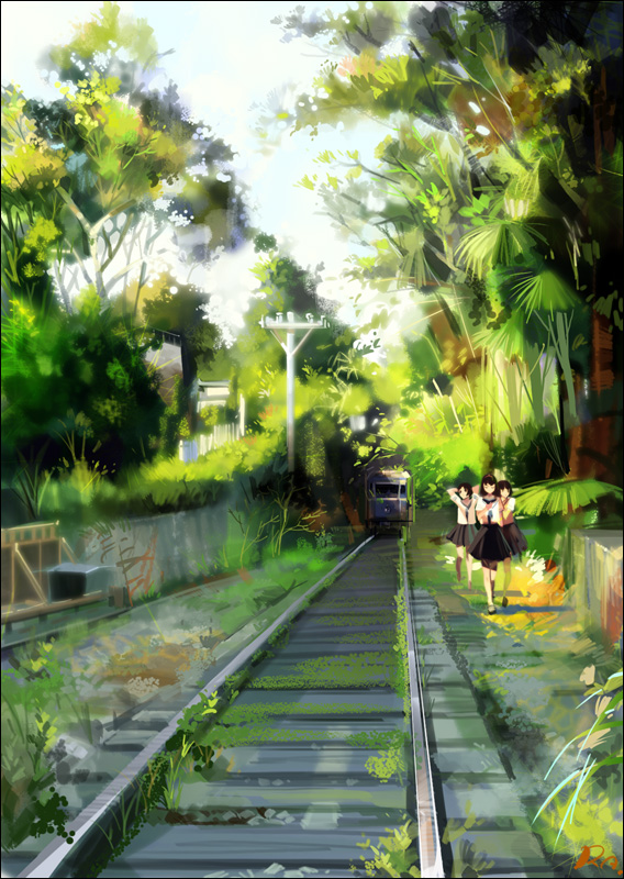 alphonse, alphonse_(white_datura), background, brown_hair, multiple_girls, original, overgrown, railroad_tracks, rails, scenery, school_uniform, serafuku, skirt, train, tree, trees