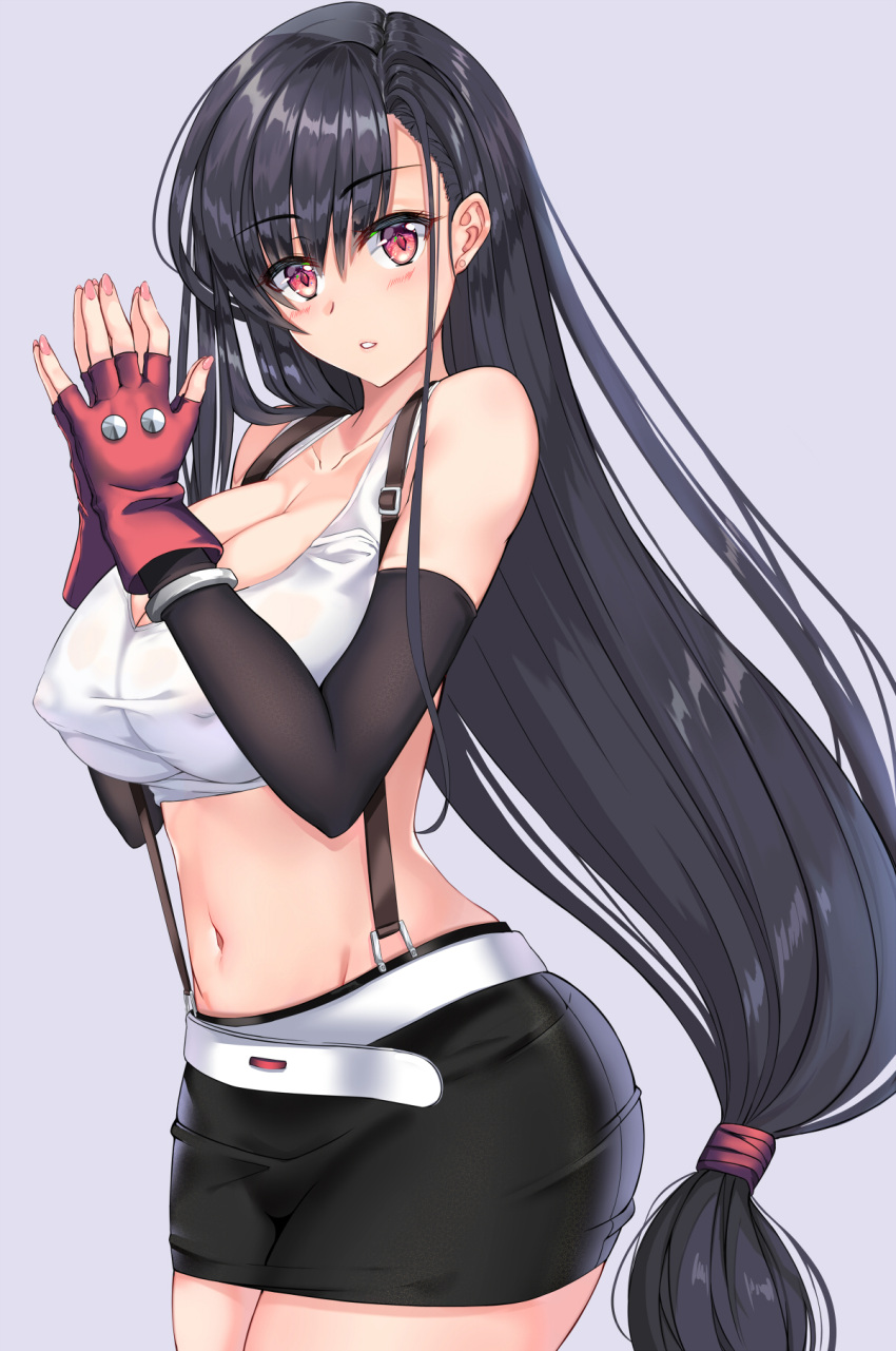 1girl, belt, black_hair, black_skirt, blush, breasts, cleavage, covered_nipples