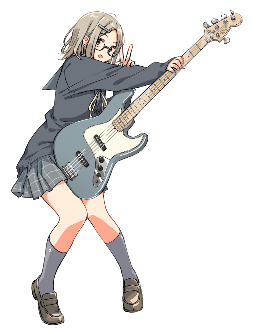 1girl, bass_guitar, blonde_hair, commentary_request, fender_jazz_bass, hair_ornament, hairclip, highres, holding, holding_instrument, instrument, kneehighs, loafers, matsuda_hikari, nail_polish, original, plaid, plaid_skirt, school_uniform, shoes, short_hair, skirt, solo, v, white_background