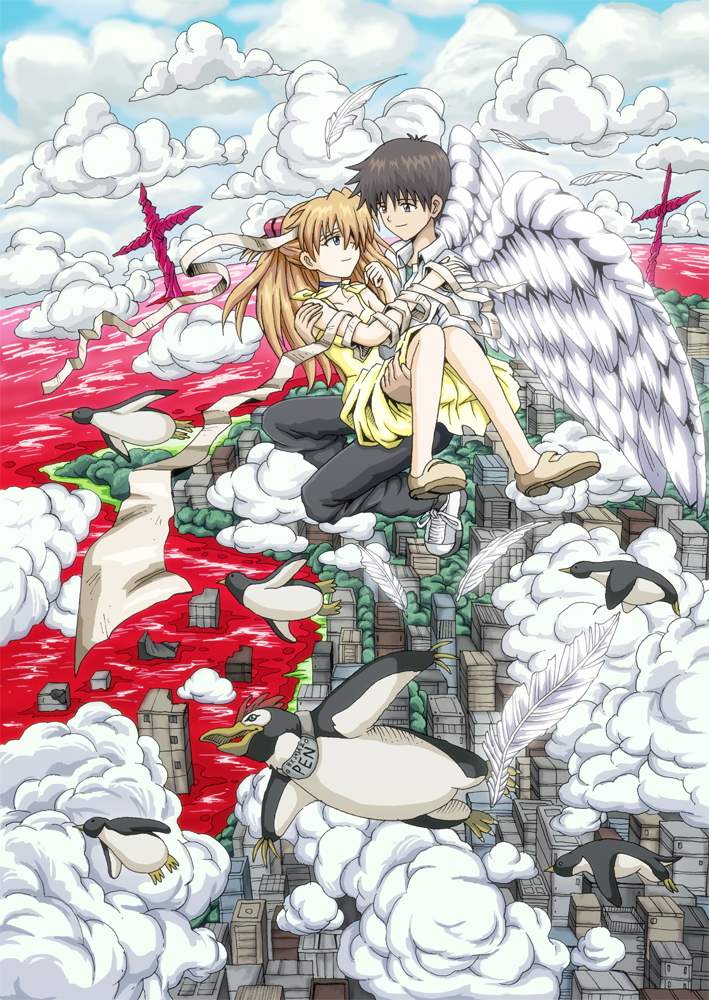 1boy, 1girl, amai_yadoraki, angel_wings, bandage, black_hair, black_pants, brown_hair