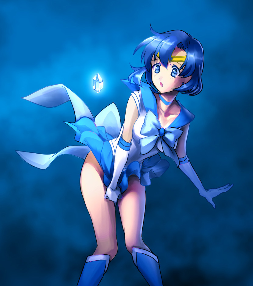 1girl, :o, bishoujo_senshi_sailor_moon, blue_bow, blue_eyes, blue_footwear, blue_hat, blue_neckwear, blue_ribbon, blue_sailor_collar, blue_skirt, boots, bow, bowtie, chocofox, circlet, collarbone, elbow_gloves, gloves, hat, knee_boots, miniskirt, neck_ribbon, pleated_skirt, ribbon, sailor_collar, sailor_mercury, sailor_senshi_uniform, shiny, shiny_hair, shirt, short_hair, skirt, skirt_tug, sleeveless, sleeveless_shirt, solo, standing, white_gloves, white_shirt