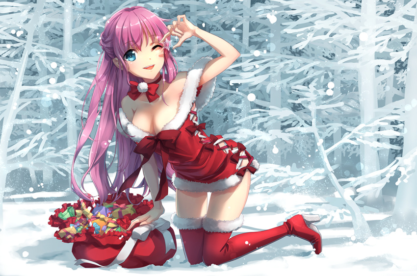 1girl, ;d, blue_eyes, boots, bow, box, breasts, chocofox