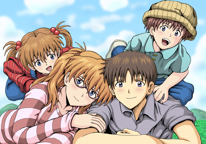 2boys, 2girls, :d, amai_yadoraki, blue_eyes, blue_pants, blue_sky, blush, brown_hair, brown_hat, collarbone, day, glasses, grey_shirt, hair_bobbles, hair_ornament, hat, ikari_shinji, long_hair, long_sleeves, looking_at_viewer, lying, multiple_boys, multiple_girls, neon_genesis_evangelion, older, on_stomach, open_mouth, outdoors, overalls, pants, red-framed_eyewear, red_sweater, shirt, short_sleeves, sky, smile, souryuu_asuka_langley, striped, striped_sweater, sweater, twintails