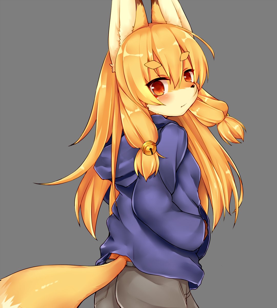 1girl, animal_ears, ass, bell, blue_shirt, borrowed_character, brown_hair, commentary_request