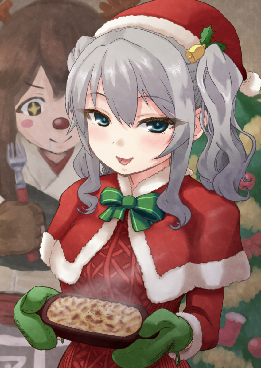 2girls, akagi_(kantai_collection), alternate_costume, antlers, bangs, bell, blue_eyes, blush