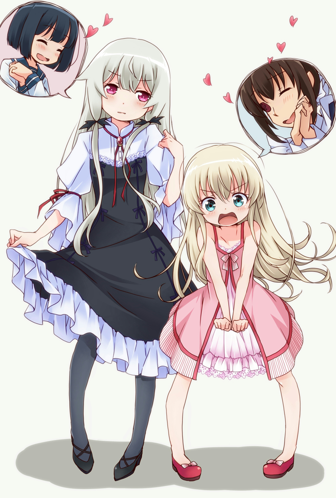4girls, amano_akari, black_dress, black_hair, black_legwear, blonde_hair, blue_eyes, brown_hair
