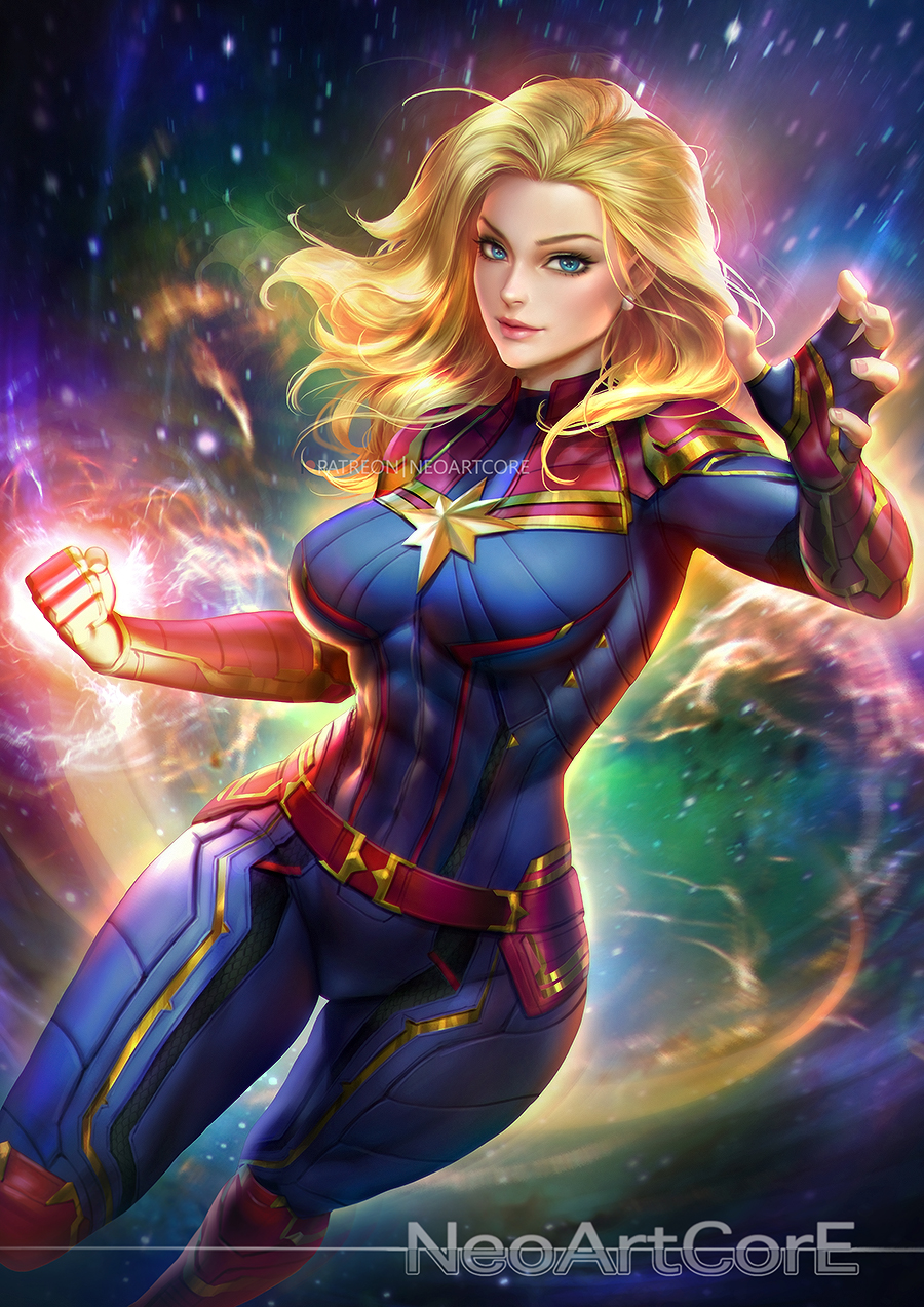 1girl, abs, blonde_hair, blue_eyes, bodysuit, breasts, captain_marvel, carol_danvers