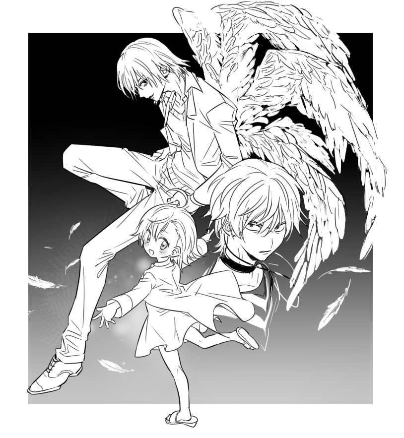 1girl, 2boys, accelerator, ahoge, choker, dress, feathered_wings, feathers