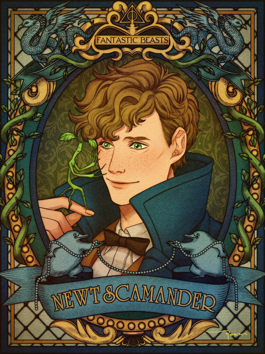 1boy, artist_name, bow, bowtie, bowtruckle, brown_hair, character_name, closed_eyes