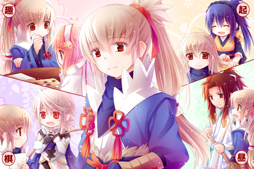 2girls, 3boys, :d, bangs, black_gloves, black_kimono, blush, cape