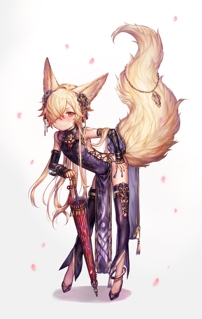 1boy, animal_ears, anklet, backless_outfit, bangs, bending_forward, blonde_hair, blush
