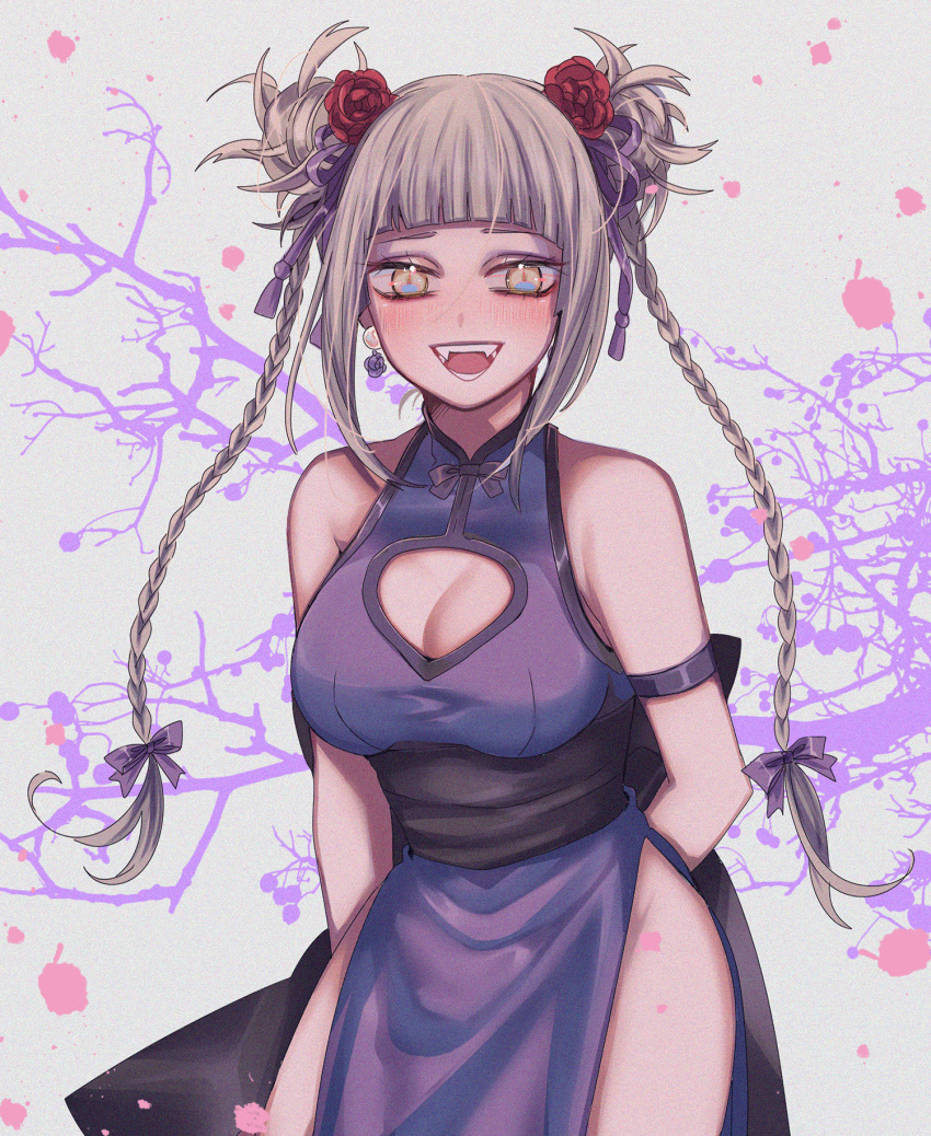 arms_behind_back, bangs, blonde_hair, blush, boku_no_hero_academia, breasts, china_dress, chinese_clothes, double_bun, dress, fangs, flower, hair_flower, hair_ornament, highres, large_breasts, long_hair, mikan_(artist), open_mouth, simple_background, toga_himiko