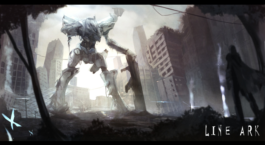 1boy, armored_core, black_cape, bug, building, butterfly, cape, city, cityscape, commentary_request, dark_souls, from_behind, glowing_butterfly, grey_sky, gun, highres, hood, hood_up, hooded_cape, huge_weapon, insect, kneeling, lake, leaning_on_weapon, light_rays, mecha, missing_limb, mono_(jdaj), outdoors, overgrown, rifle, ruins, scenery, souls_(from_software), tree, water, waterfall, weapon, white_glint