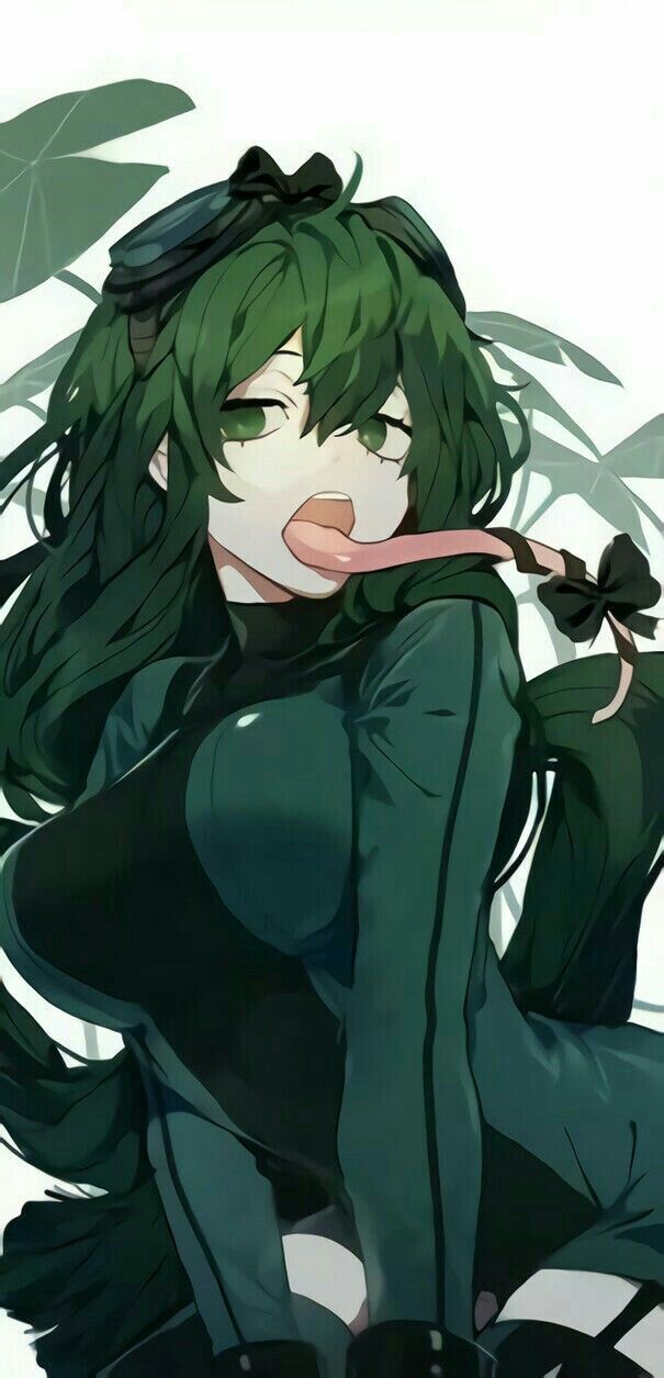 1girl, asui_tsuyu, bodysuit, boku_no_hero_academia, bow, green_eyes, green_hair, highres, long_hair, long_tongue, mgmg_1012, open_mouth, simple_background, solo, tongue, white_background