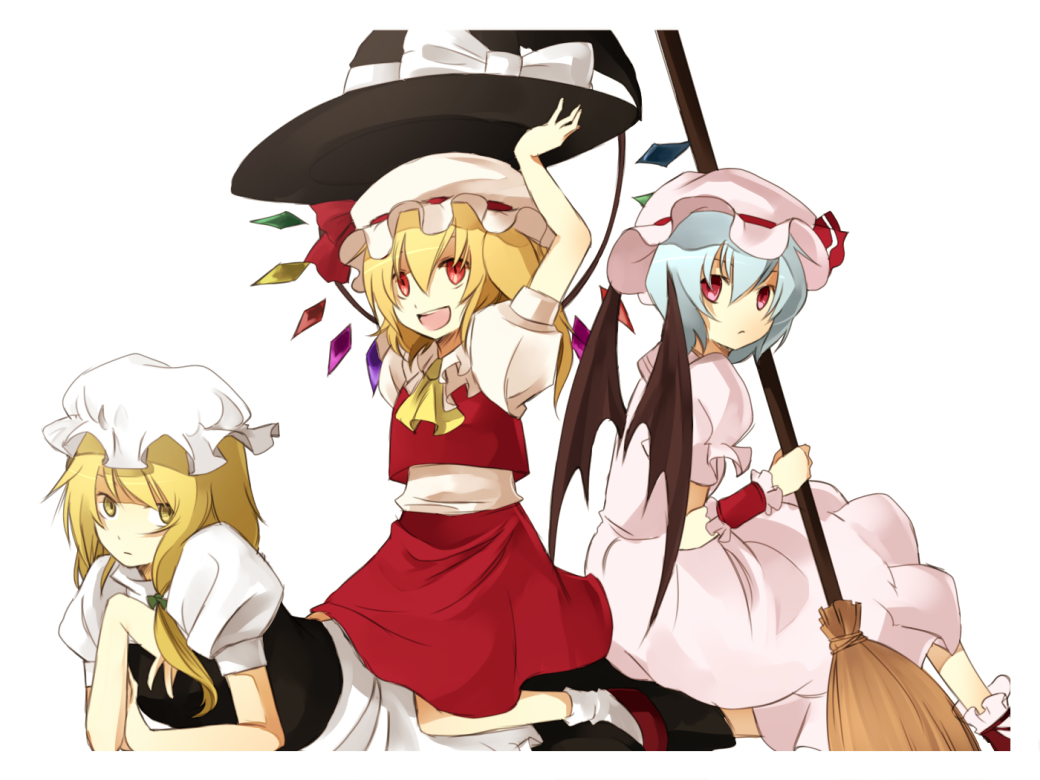 blonde_hair, blue_hair, broom, flandre_scarlet, hat, headwear_switch, hiz_(pixiv), holding