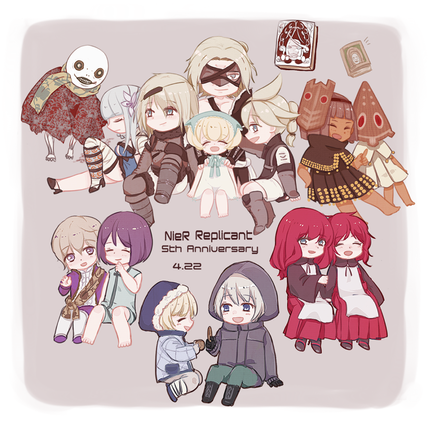 bandage, blonde_hair, blue_eyes, brother_and_sister, brown_hair, chibi, commentary_request, devola