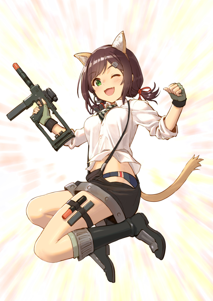 1girl, ;d, animal_ear_fluff, animal_ears, bangs, black_footwear, blue_panties, blush