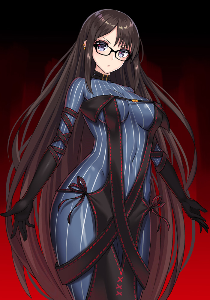 1girl, bangs, black-framed_eyewear, black_dress, black_gloves, blue_dress, blush, breasts