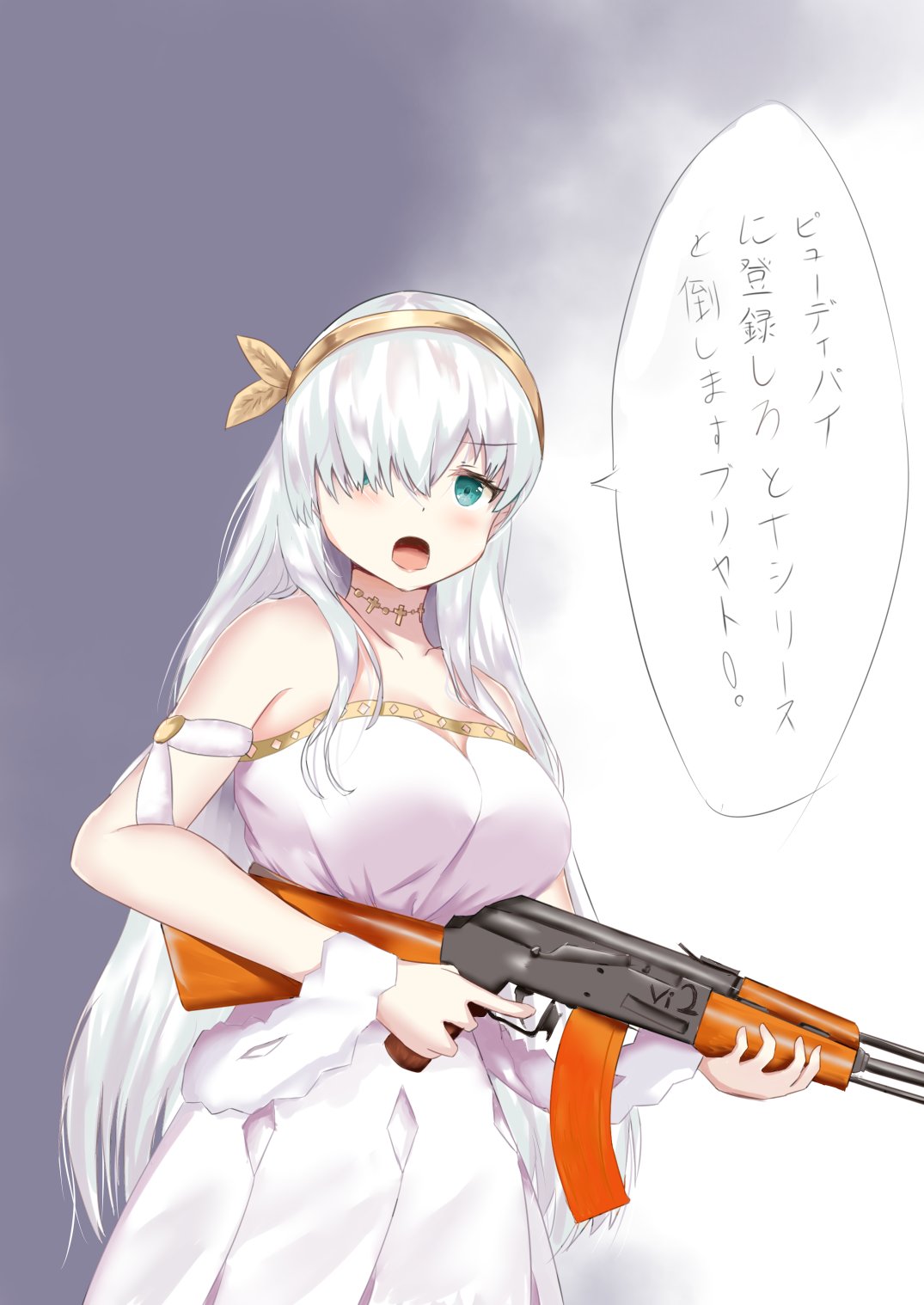 1girl, ak-47, anastasia_(fate/grand_order), assault_rifle, blue_cloak, blue_eyes, breasts, brown_hairband, dress, fate/grand_order, fate_(series), finger_on_trigger, fur_trim, gun, hair_ornament, hair_over_one_eye, hairband, highres, holding, holding_gun, holding_weapon, large_breasts, leaf_hair_ornament, long_hair, potato_monsta, rifle, silver_hair, solo, translation_request, very_long_hair, weapon, white_dress