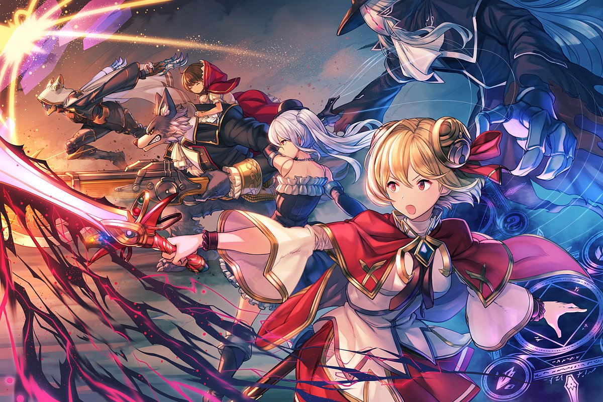 1boy, 3girls, arm_behind_back, arm_up, arms_behind_back, ascot, axe, bangs