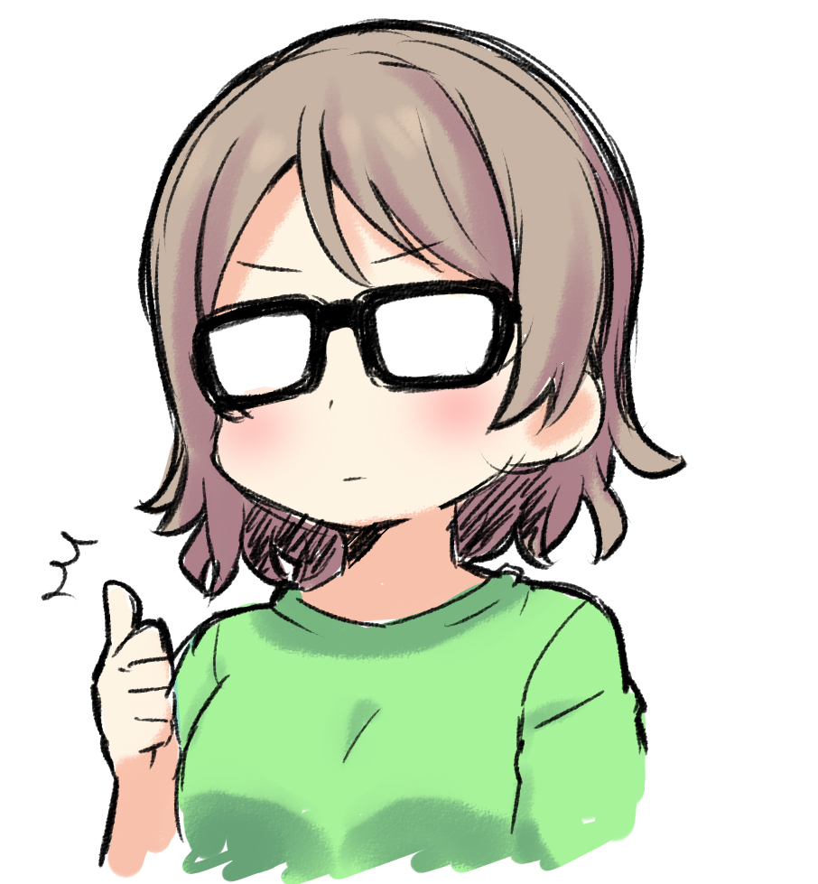 /\/\/\, 1girl, :|, black-framed_eyewear, blush, closed_mouth, glasses, green_shirt