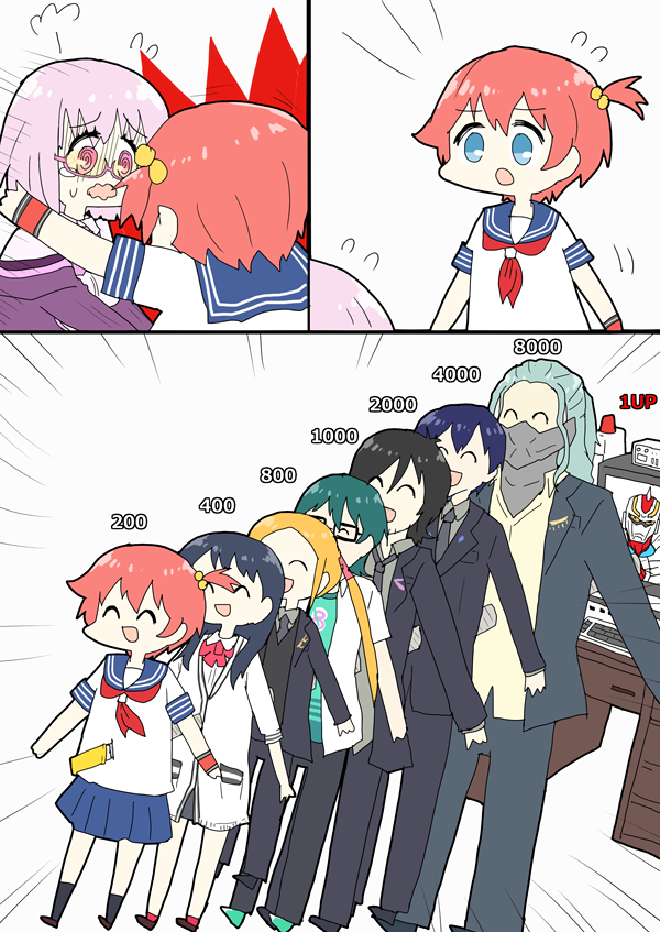 2girls, 6+boys, @_@, ^_^, ashitaba_tomorou, black_hair, blue_eyes, blue_hair