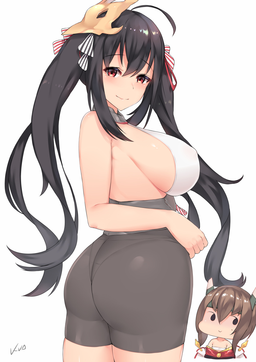 2girls, absurdres, ahoge, artist_name, ass, azur_lane, bangs, bare_shoulders, bike_shorts, black_hair, black_shorts, blush, breasts, brown_hair, chibi, closed_mouth, cosplay, costume_switch, covered_nipples, crossover, eyebrows_visible_through_hair, flat_chest, hair_between_eyes, hair_ornament, hair_ribbon, headband, headgear, highres, hips, huge_ass, japanese_clothes, kantai_collection, kimono, kuavera, large_breasts, long_hair, looking_at_viewer, looking_back, multiple_girls, namesake, paid_reward, patreon_reward, red_eyes, red_kimono, ribbon, short_hair, shorts, sideboob, signature, simple_background, smile, solid_oval_eyes, sweatdrop, taihou_(azur_lane), taihou_(azur_lane)_(cosplay), taihou_(kantai_collection), taihou_(kantai_collection)_(cosplay), thick_thighs, thighs, tied_hair, twintails, white_background, wide_hips