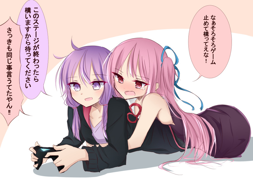 2girls, aqua_ribbon, bangs, bare_shoulders, breasts, commentary_request, couple, dot_nose