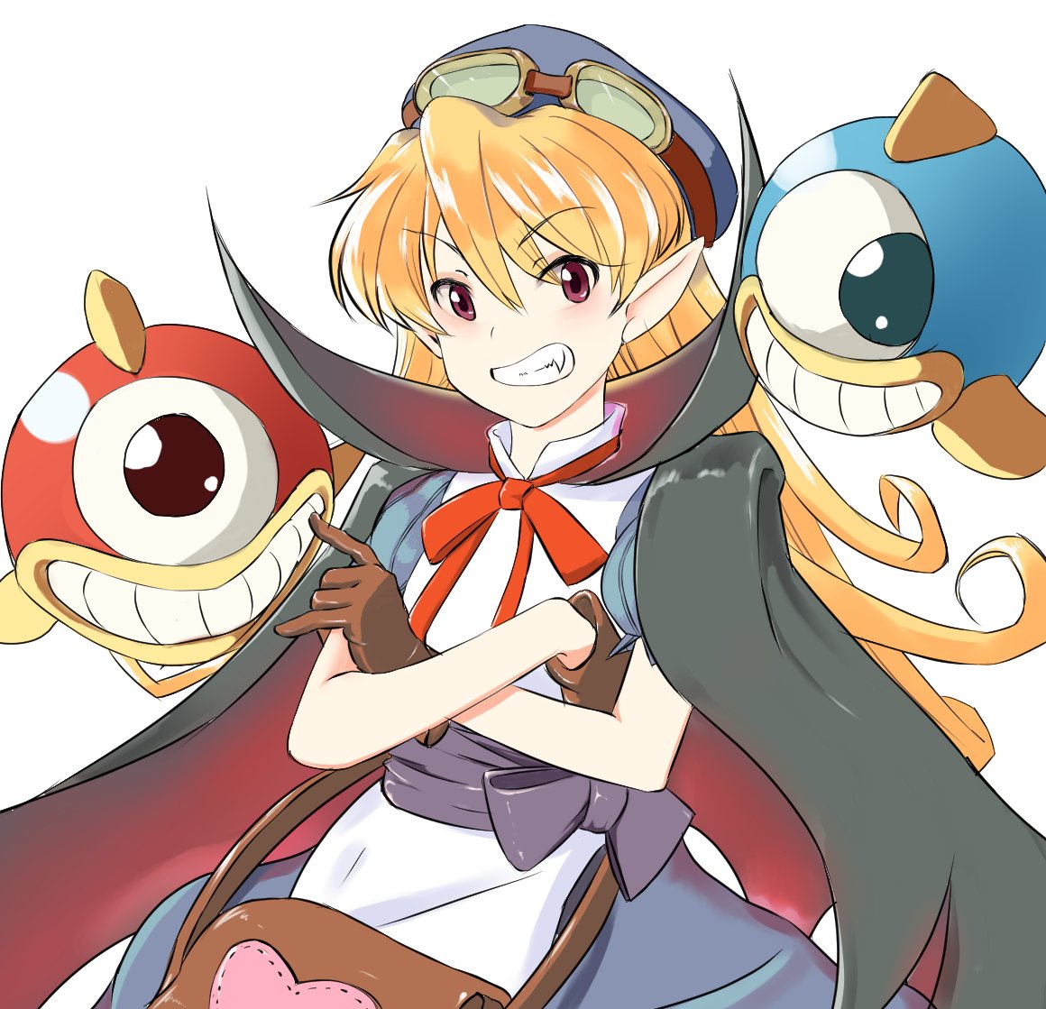 1girl, apron, bag, blonde_hair, blue_hat, bow, cape, commentary_request, curly_hair, dress, fang, gloves, goggles, goggles_on_head, hat, heart, long_hair, marivel_armitage, pointy_ears, ribbon, smile, vampire, wild_arms, wild_arms_2