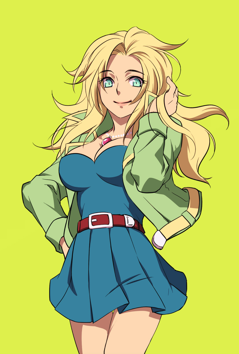 1girl, blonde_hair, blue_eyes, breasts, cleavage, coat, commentary_request, dress