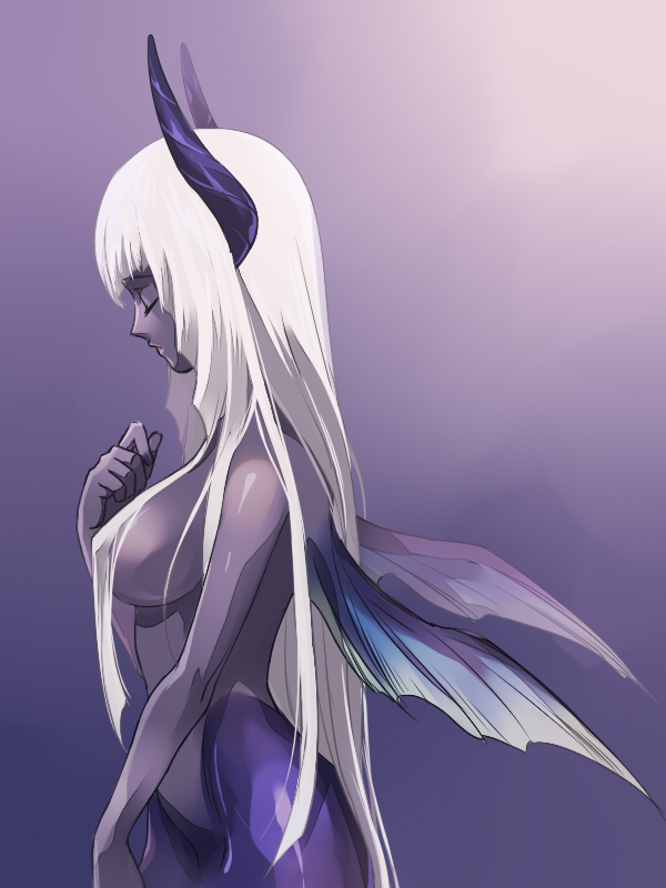 1girl, breasts, cleavage, commentary_request, covered_nipples, dark_skin, groin, hair_censor, horns, kanikame, long_hair, mermaid, mesarthim, monster_girl, saga, saga_frontier, solo, wings
