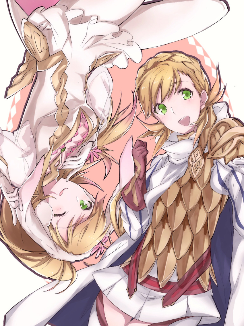2girls, ;q, aiueo1234853, animal_ears, armor, blonde_hair, braid, brown_gloves
