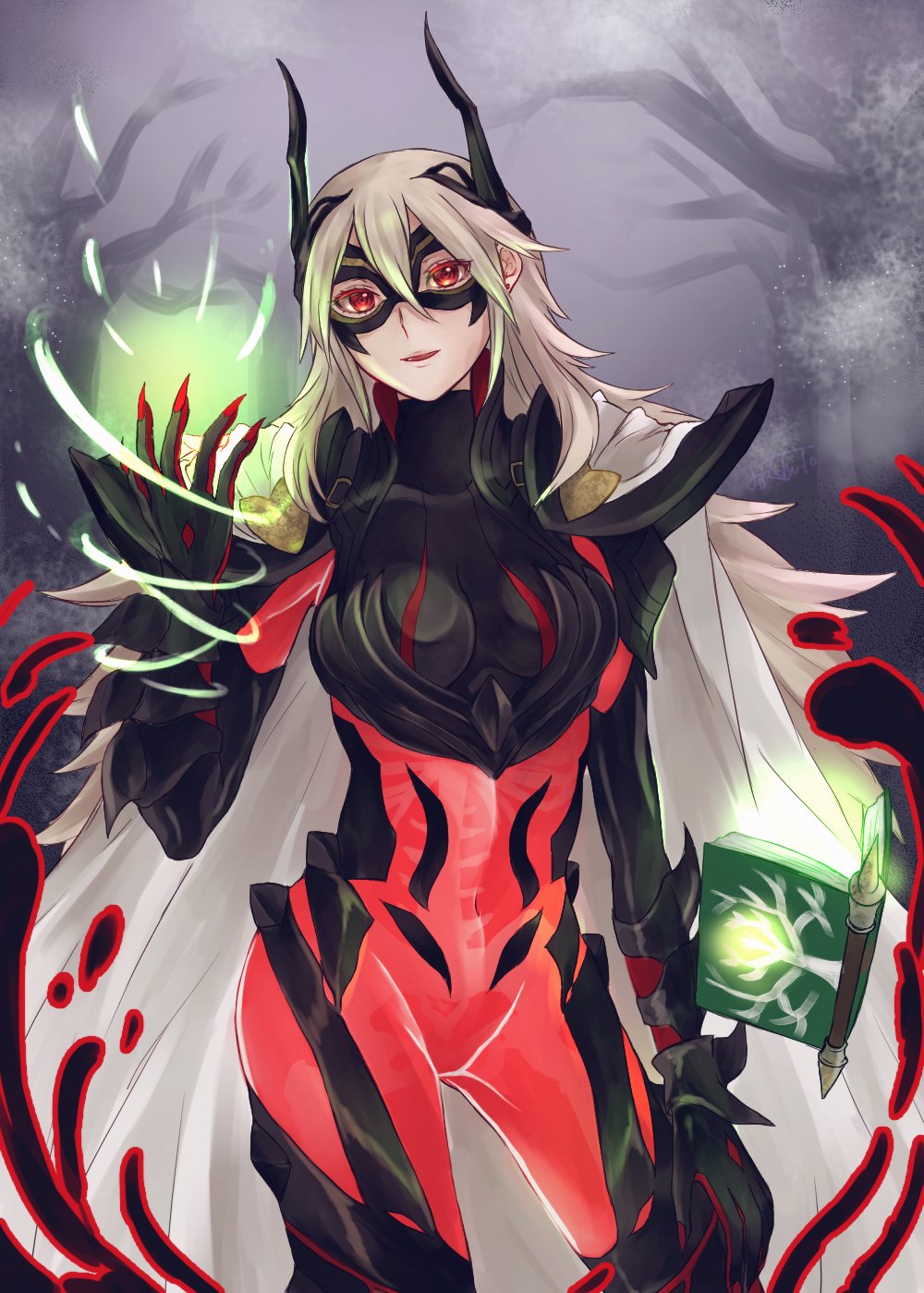 1girl, armor, bone, book, breastplate, cape, fire_emblem, fire_emblem_heroes