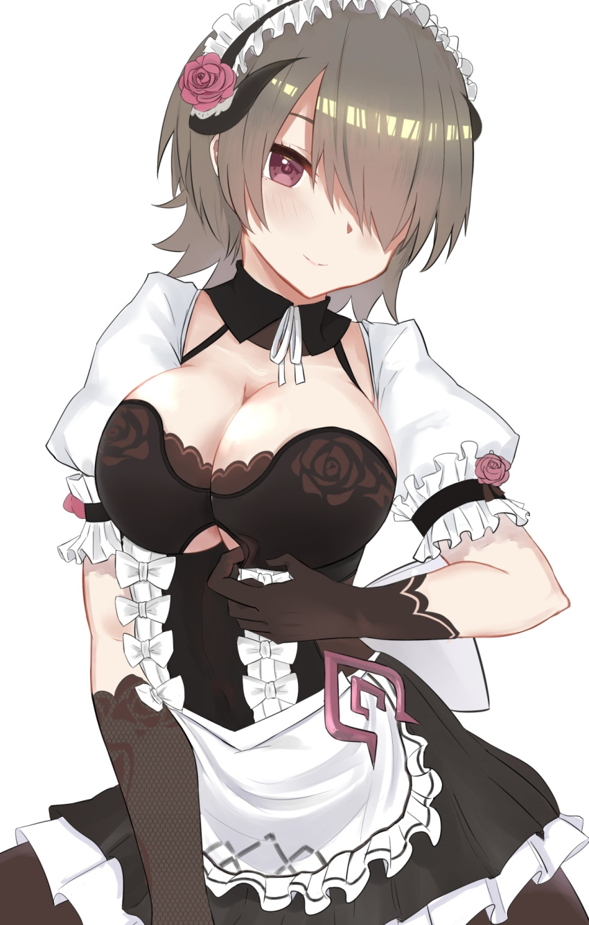 1girl, apron, bangs, black_gloves, blush, bow, breasts, cleavage
