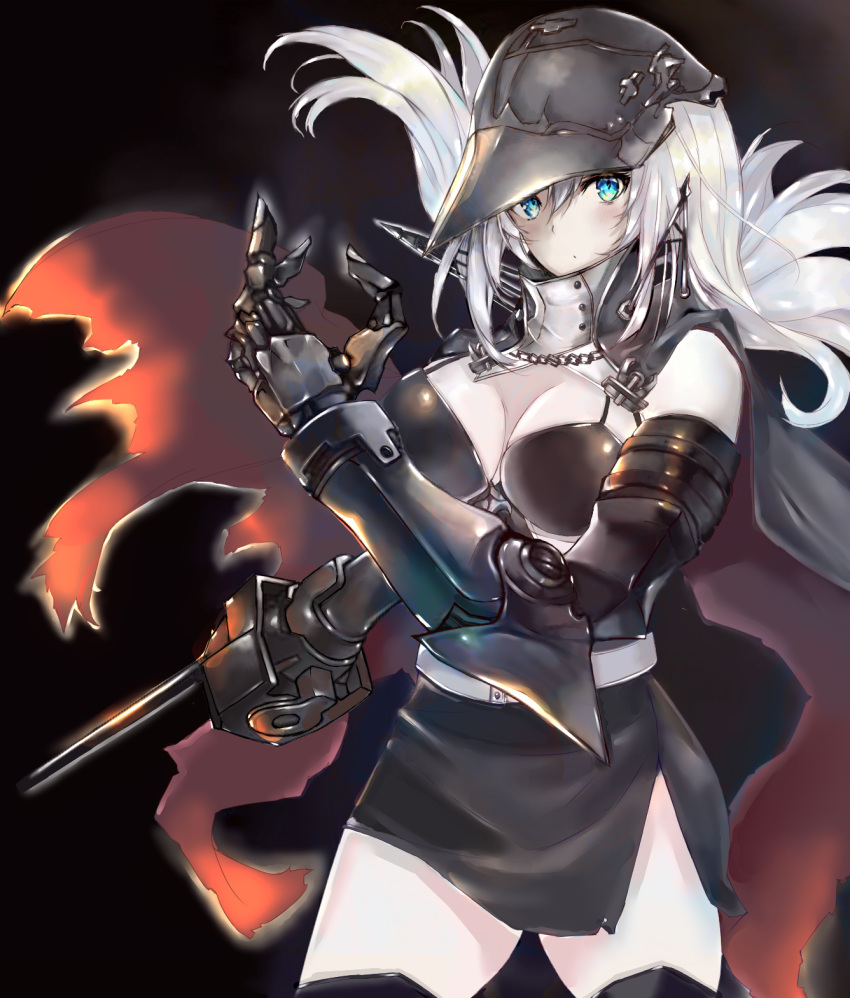 1girl, anchor, aqua_eyes, bangs, belt, black_background, black_skirt, blush, breasts, cannon, cape, chains, choker, cleavage, cowboy_shot, eriyama_(user_csua4255), european_water_hime, expressionless, floating_hair, gauntlets, glowing, helmet, highres, holding, holding_weapon, kantai_collection, large_breasts, long_hair, mechanical_arm, pale_skin, shinkaisei-kan, side_slit, sidelocks, simple_background, skirt, thigh-highs, weapon, white_hair, wind, wind_lift