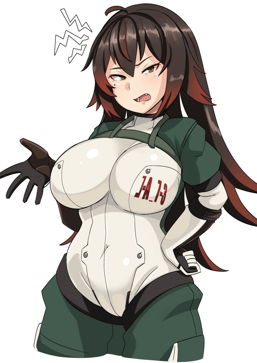 a7m_reppuu, absurdres, bodysuit, breasts, brown_eyes, eyebrows_visible_through_hair, fang, hair_between_eyes, highres, large_breasts, long_hair, mecha_musume, multicolored_hair, open_mouth, original, personification, ryuun_(stiil), simple_background, two-tone_hair, white_background