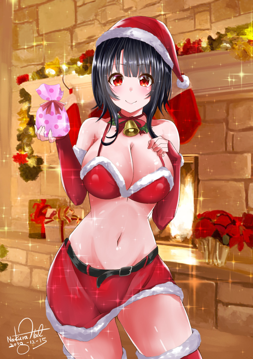 1girl, alternate_costume, bare_shoulders, belt, black_belt, black_hair, blush, breasts