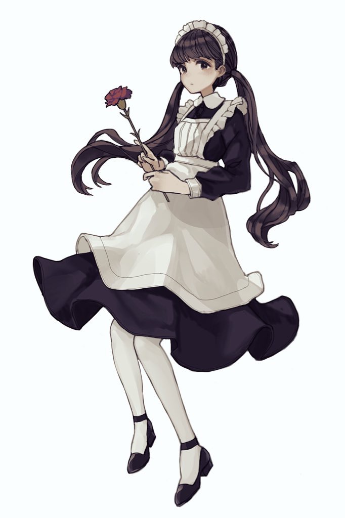 1girl, apron, bangs, black_dress, black_footwear, blue_background, brown_eyes, brown_hair, carnation, closed_mouth, commentary_request, dress, flower, full_body, holding, holding_flower, kashiwagi_chisame, long_hair, long_sleeves, maid, maid_apron, maid_headdress, original, pantyhose, red_carnation, red_flower, shoes, simple_background, solo, twintails, very_long_hair, white_apron, white_legwear