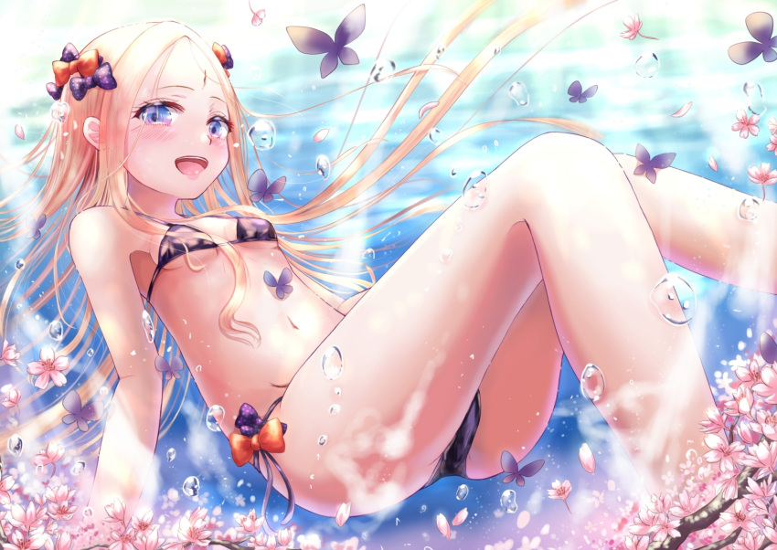 1girl, :d, abigail_williams_(fate/grand_order), air_bubble, ass, bangs, bare_arms, bare_shoulders