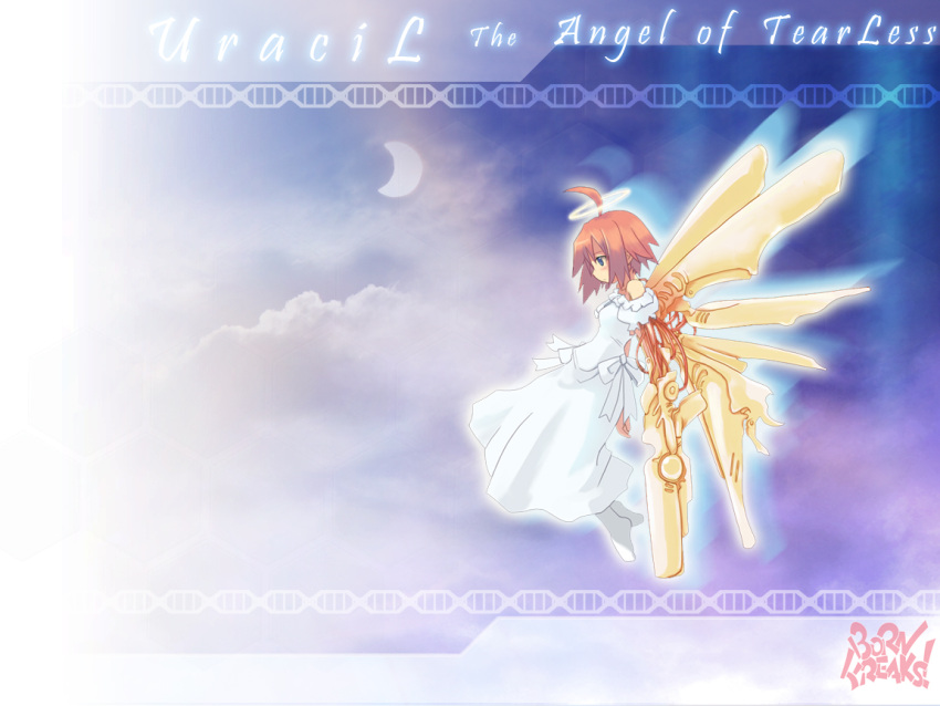 1152x864, angel, born_freaks!, cloud, clouds, cyborg, dress, flying, green_eyes, gun, red_hair, redhead, socks, wallpaper, weapon