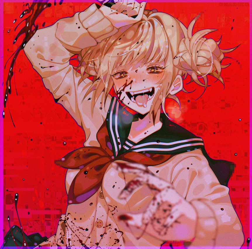 1girl, arm_up, bangs, black_sailor_collar, black_skirt, blonde_hair, blood, blood_on_face