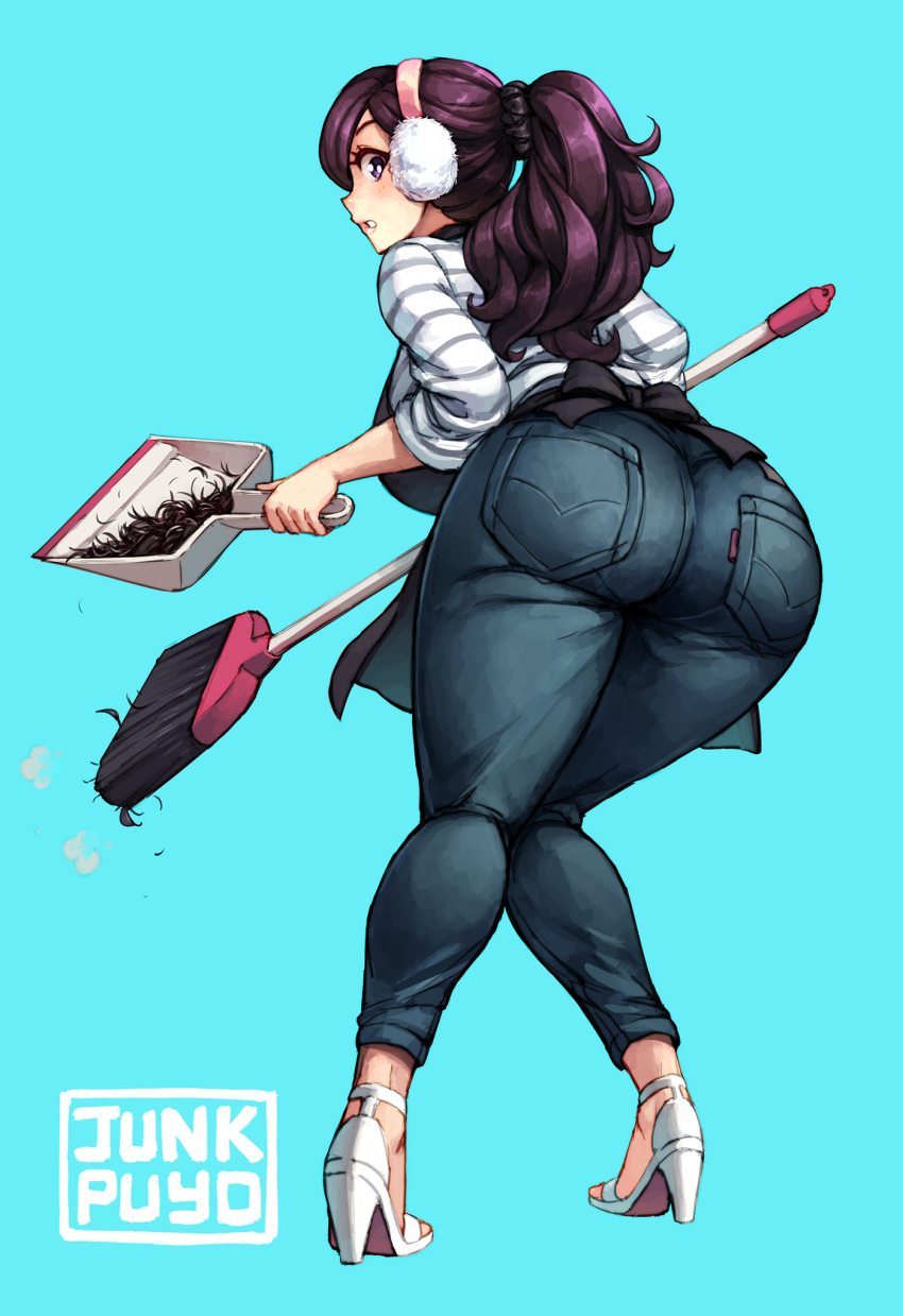 1girl, :o, apron, artist_name, ass, beryl_(junkpuyo), black_apron, blue_background