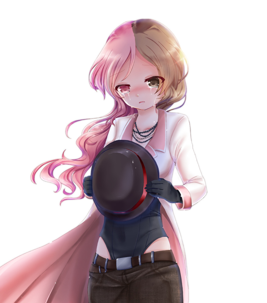 1girl, arms_up, belt, belt_buckle, black_gloves, blush, brown_eyes, brown_hair